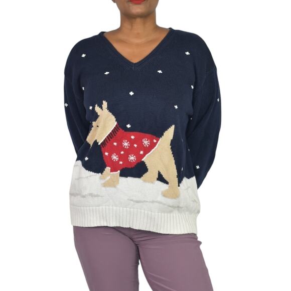 Liz Claiborne Christmas Sweater Blue Vintage Dog Scottie Snow Holiday Festive XL - Picture 10 of 14